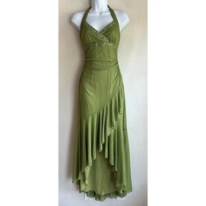 Vintage Y2K City Triangles Fairy Grunge Halter Mesh Maxi Dress M Green Formal